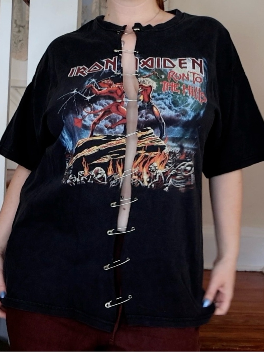 Black Iron Maiden 'Run to the Hills' Safety-Pin Front Reworked Vintage Band Tee